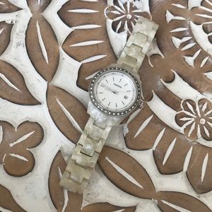 Pearl Fossil Watch with Diamond Rimmed Face